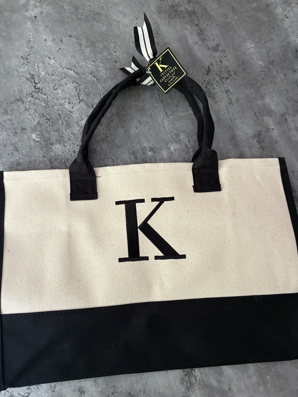 NWT Mudpie Canvas Initial Tote Bag - Letter K - Black & Cream